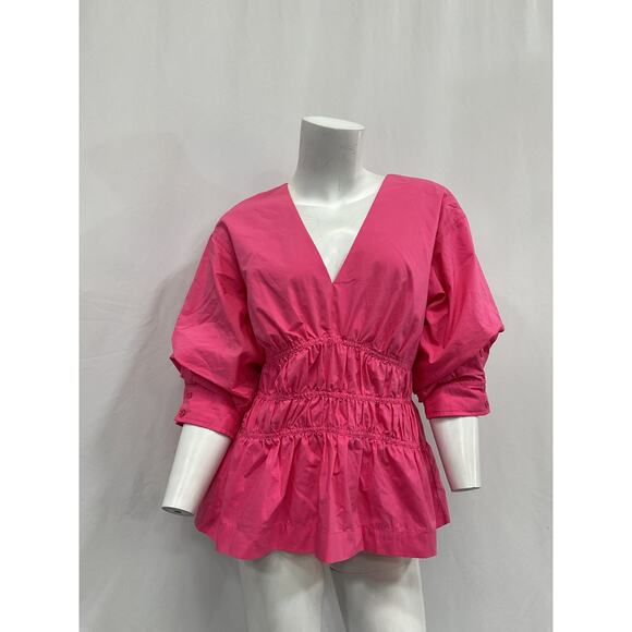 Simkhai 'Yuni' Pink Cotton Poplin Puff-Sleeve V Neck Top Size 12 - Picture 2 of 5